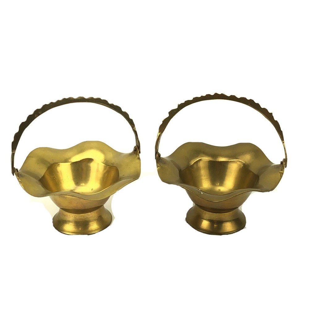 VIntage Brass Basket Flower Pot Planter Bucket Pail Lot 2 Set Pair Small Solid
